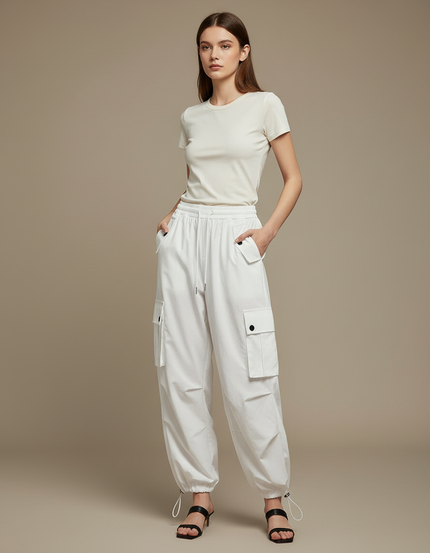 Pantalon Parachute Blanc Cargo Taille Haute Femme - Polyester