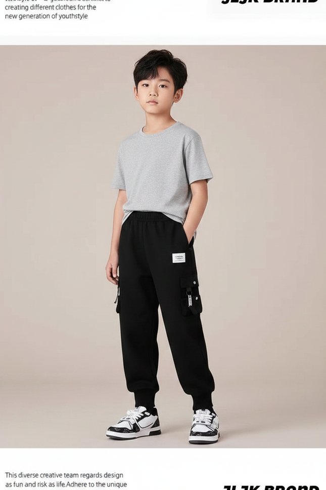 Pantalon Parachute Noir Cargo Ample Garçon Cordon - Molleton