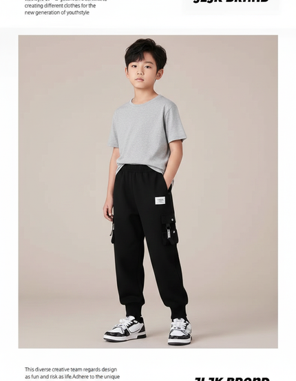Pantalon Parachute Noir Cargo Ample Garçon Cordon - Molleton