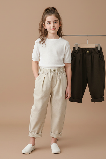 Pantalon Parachute Enfant Coton Ample Décontracté Beige - Toile