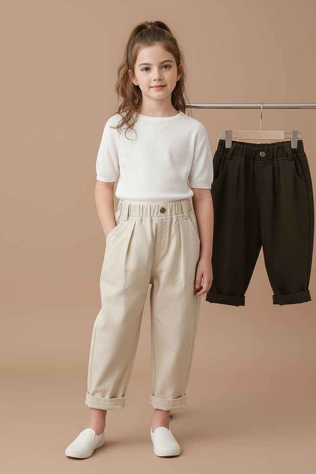 Pantalon Parachute Enfant Coton Ample Décontracté Beige - Toile