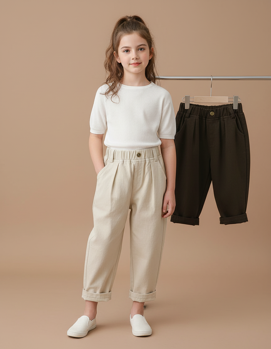 Pantalon Parachute Enfant Coton Ample Décontracté Beige - Toile