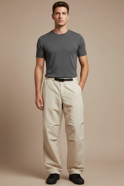 Pantalon Parachute Beige Ample Cordon Décontracté Léger - Polyester
