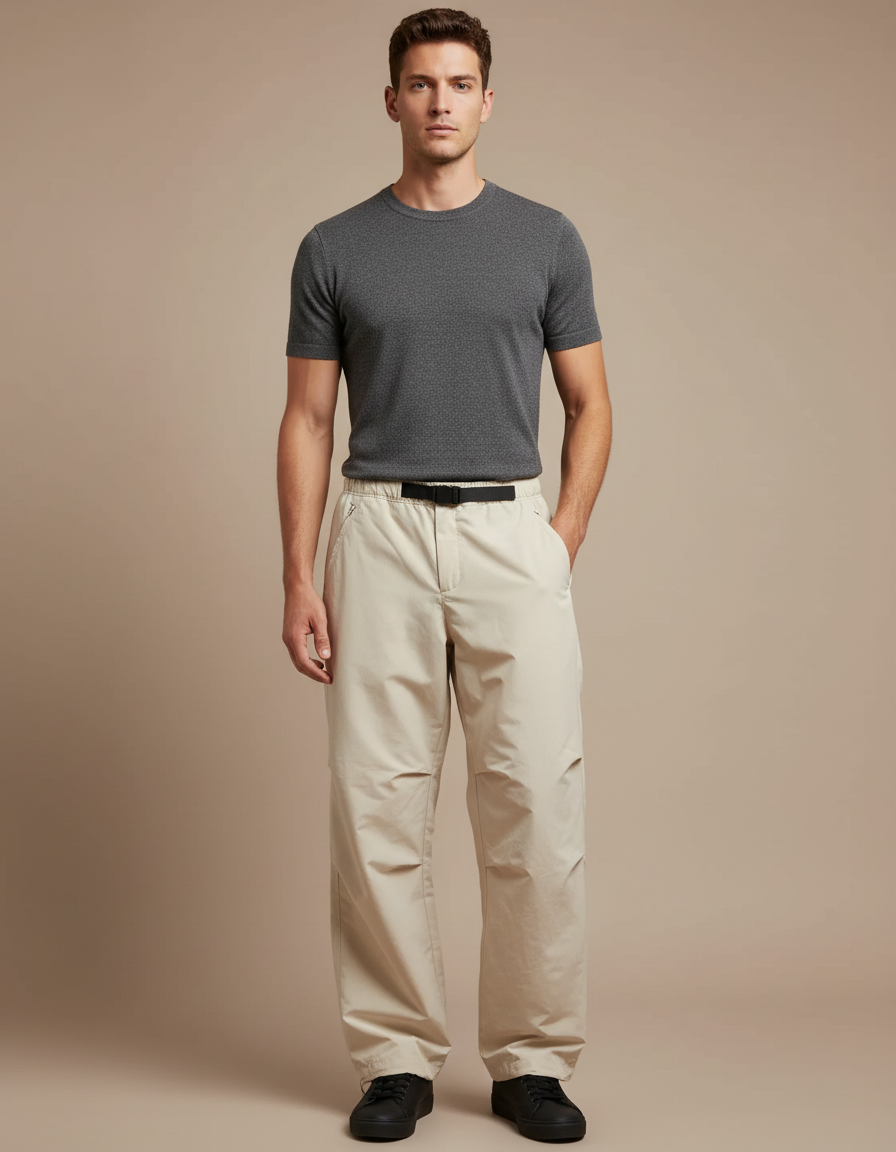Pantalon Parachute Beige Ample Cordon Décontracté Léger - Polyester