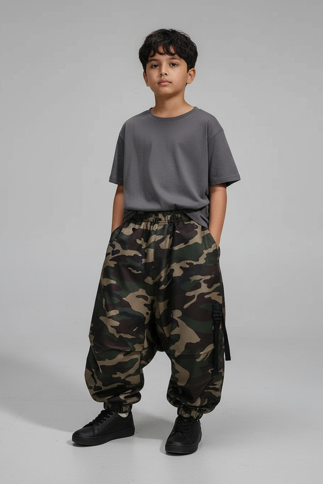 Pantalon Parachute Camouflage Ample Garçon Décontracté - Imprimé Polyester