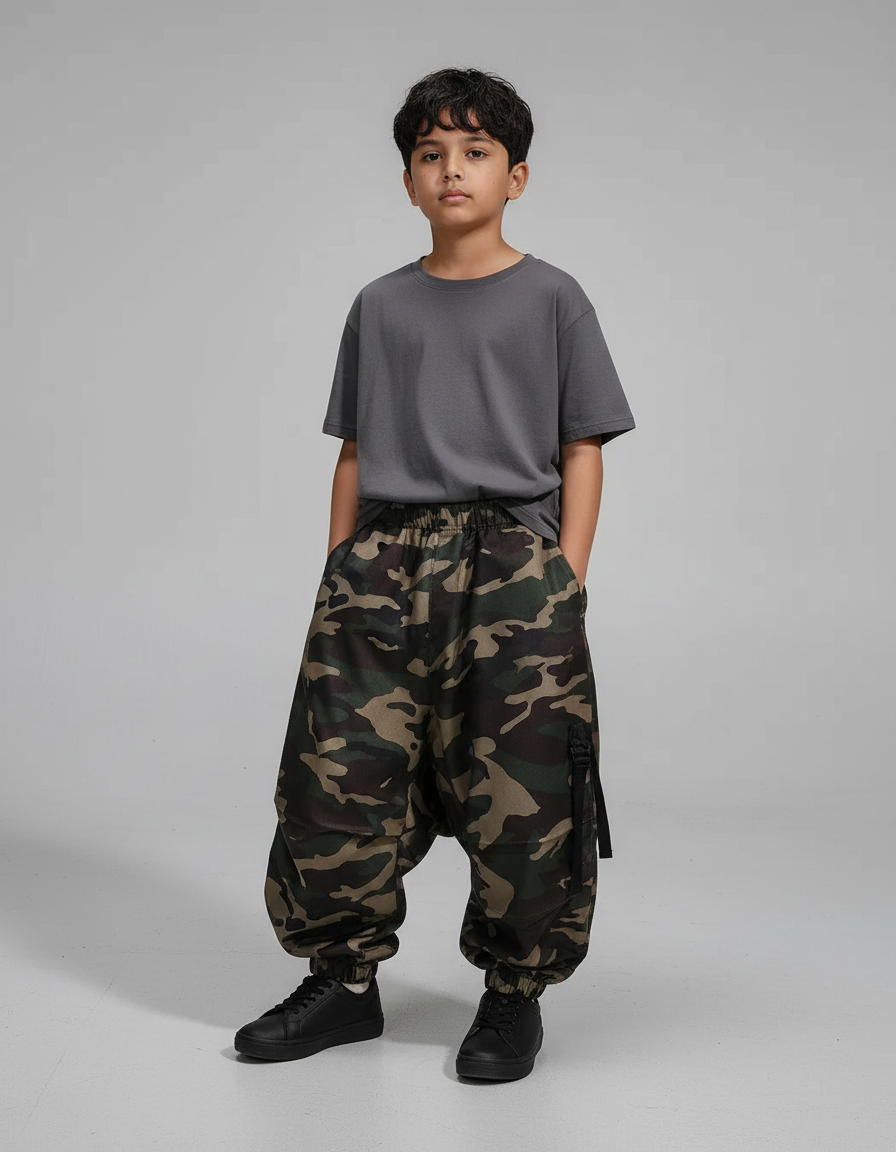 Pantalon Parachute Camouflage Ample Garçon Décontracté - Imprimé Polyester