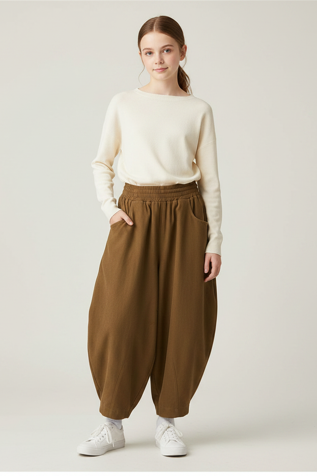 Pantalon Parachute Marron Ample Coton Confortable Femme - Molleton