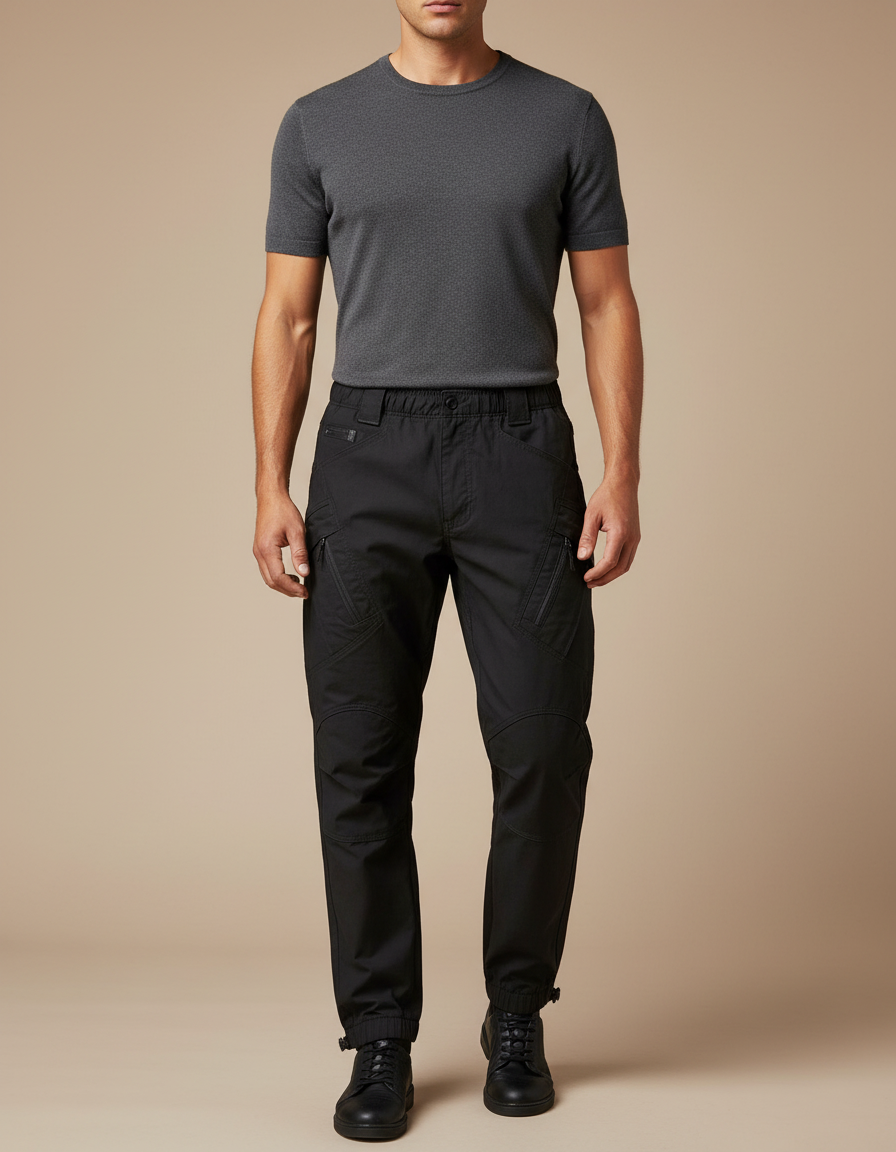 Pantalon Parachute Homme Noir Cargo Technique Ajusté - Polyester