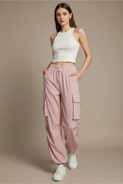 Pantalon Parachute Rose Cargo Fluide Femme Nylon - Polyester