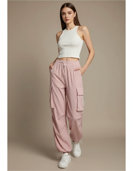 Pantalon Parachute Rose Cargo Fluide Femme Nylon - Polyester