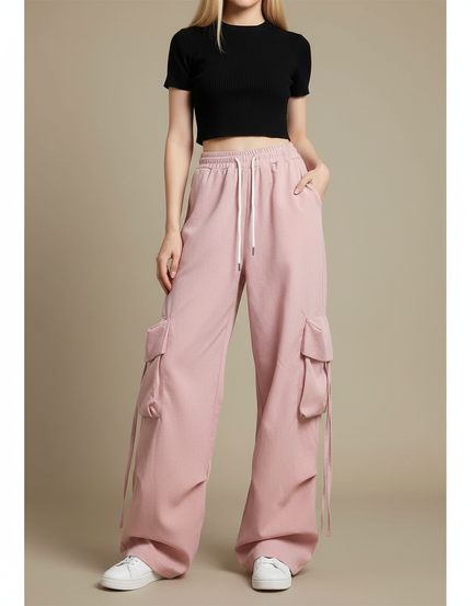 Pantalon Parachute Rose Ample Cargo Décontracté Femme - Molleton