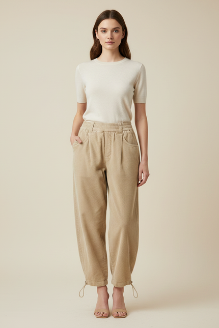 Pantalon Parachute Beige Côtelé Ample Décontracté Femme - Cordé