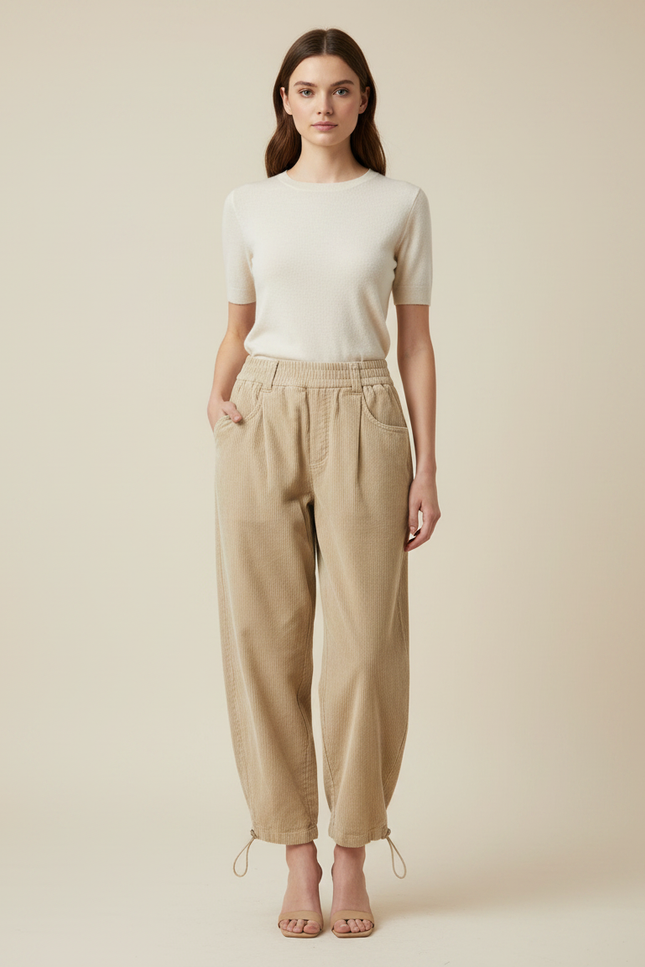Pantalon Parachute Beige Côtelé Ample Décontracté Femme - Cordé