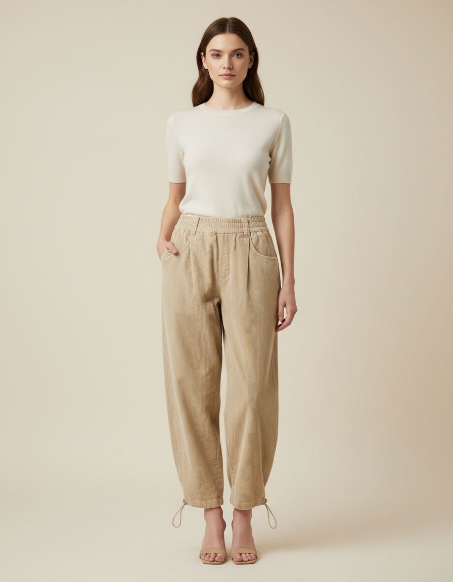 Pantalon Parachute Beige Côtelé Ample Décontracté Femme - Cordé