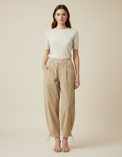 Pantalon Parachute Beige Côtelé Ample Décontracté Femme - Cordé