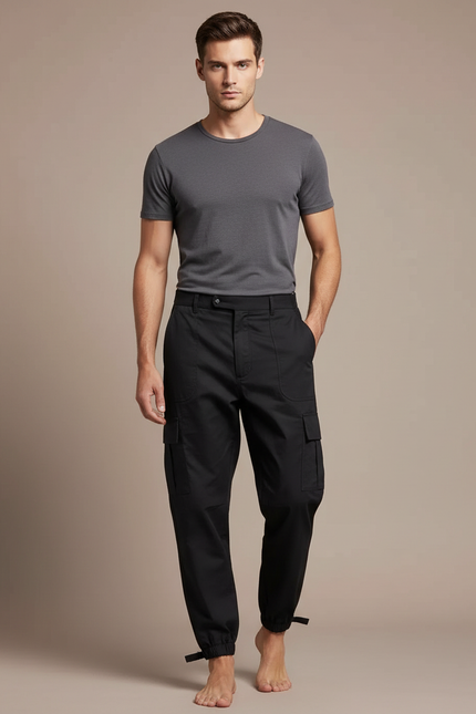 Pantalon Parachute Noir Cargo Homme Ajusté Militaire - Toile