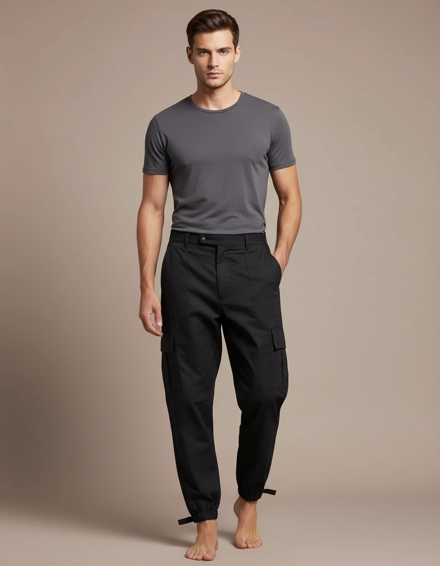 Pantalon Parachute Noir Cargo Homme Ajusté Militaire - Toile
