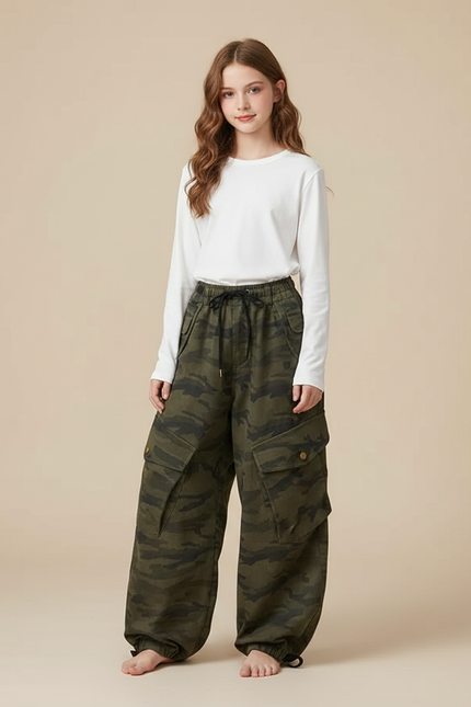 Pantalon Parachute Camouflage Cargo Ample Vert Fille - Toile