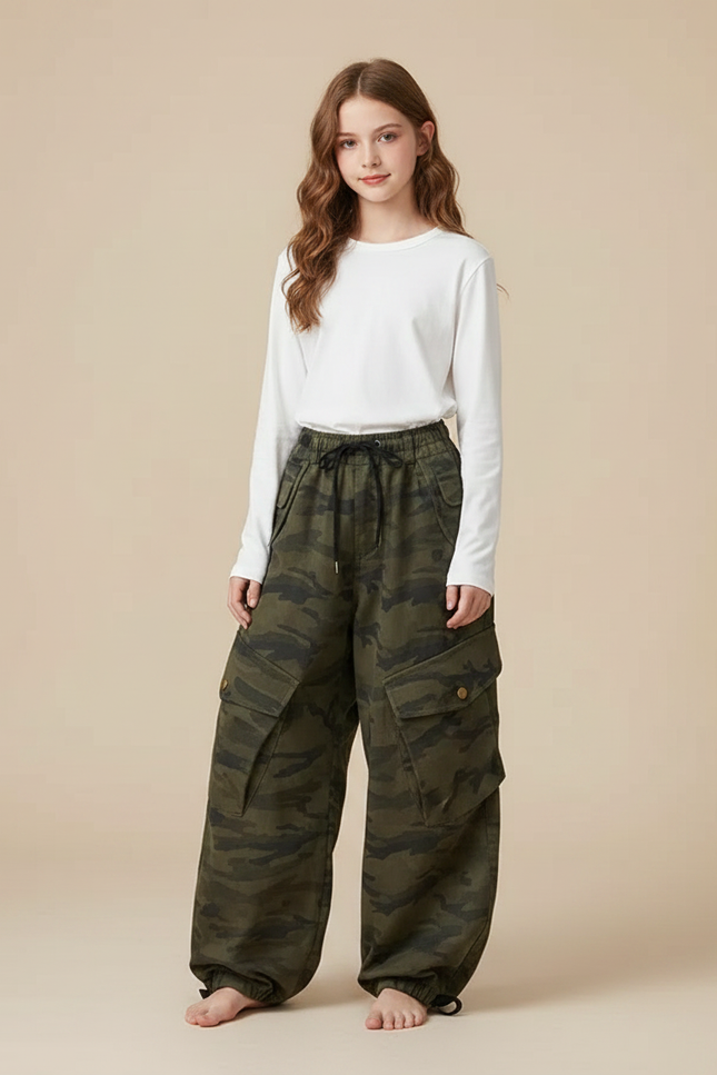 Pantalon Parachute Camouflage Cargo Ample Vert Fille - Toile