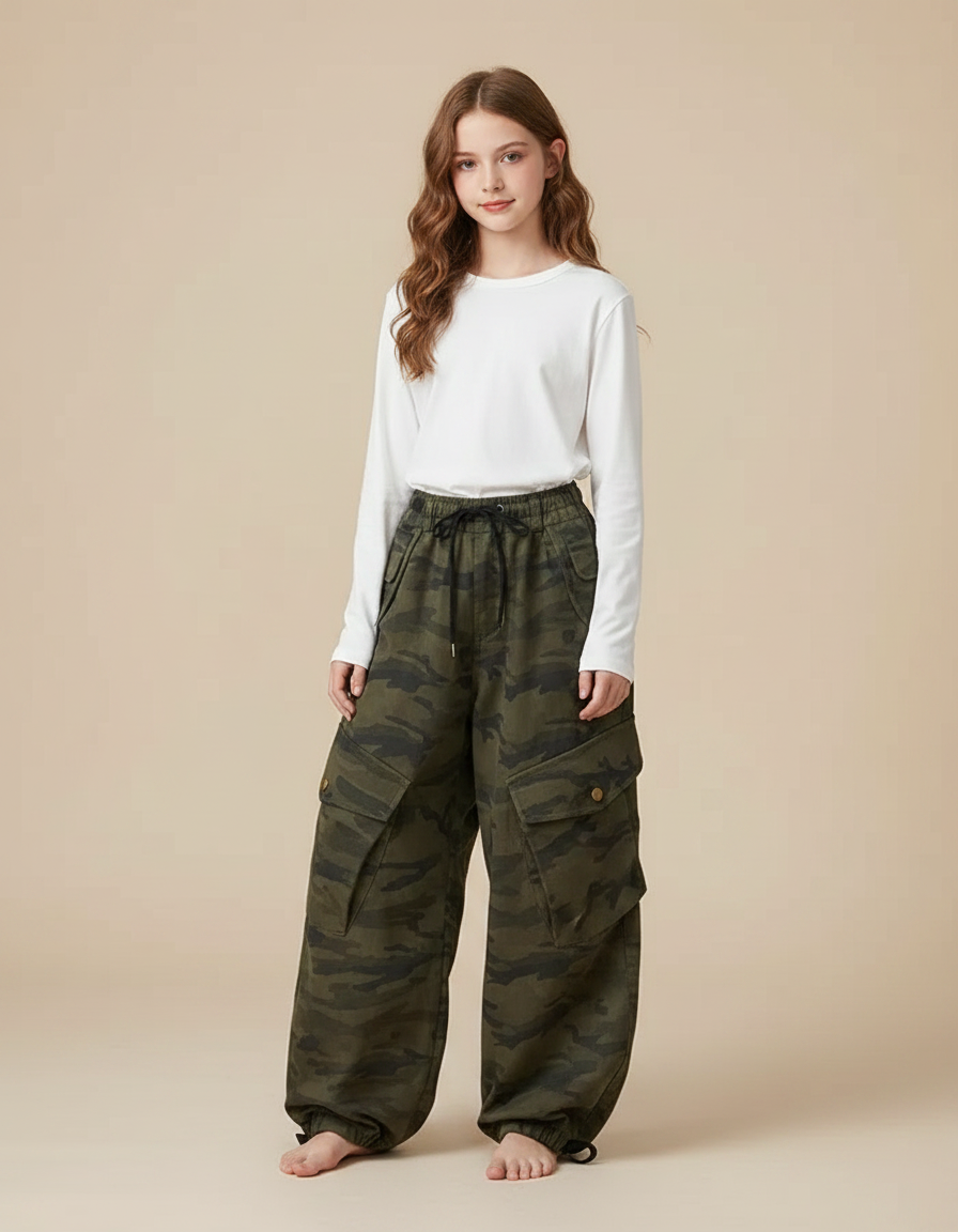 Pantalon Parachute Camouflage Cargo Ample Vert Fille - Toile
