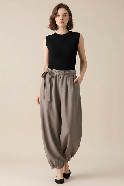 Pantalon Parachute Gris Lin Ample Décontracté Femme