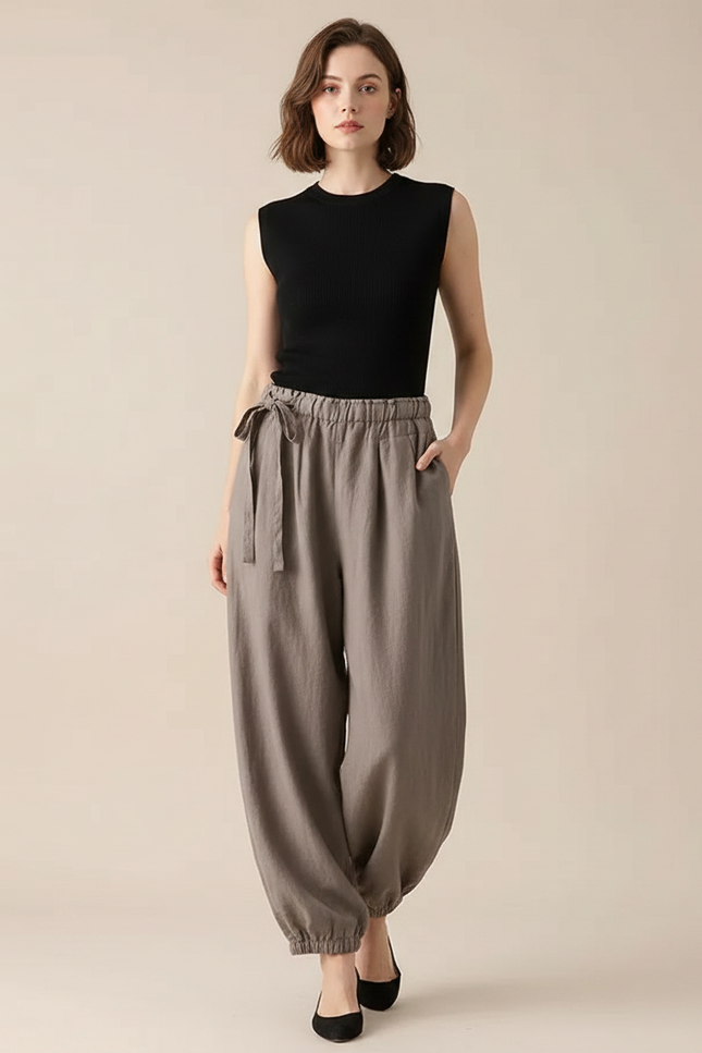Pantalon Parachute Gris Lin Ample Décontracté Femme