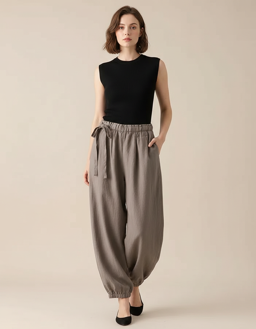 Pantalon Parachute Gris Lin Ample Décontracté Femme