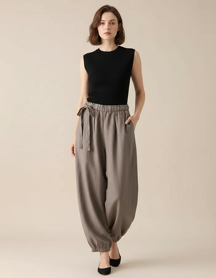 Pantalon Parachute Gris Lin Ample Décontracté Femme