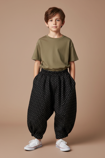 Pantalon Parachute Noir Ample Points Coton Enfant