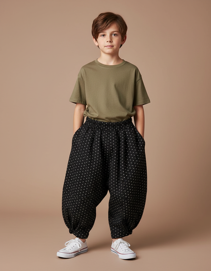 Pantalon Parachute Noir Ample Points Coton Enfant