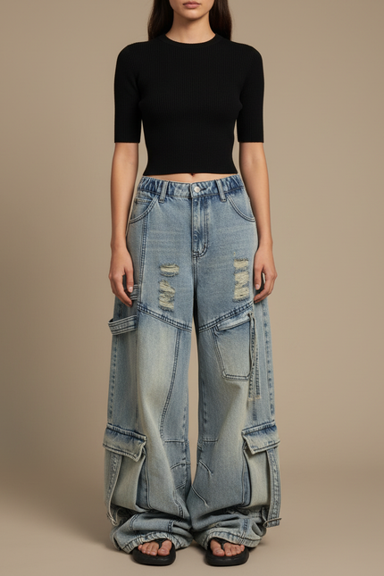 Pantalon Parachute Jean Délavé Ample Multipoches Femme - Bleu