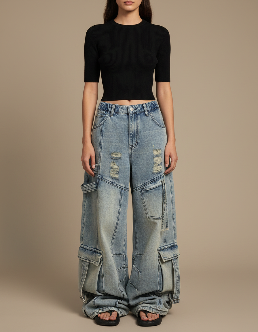 Pantalon Parachute Jean Délavé Ample Multipoches Femme - Bleu