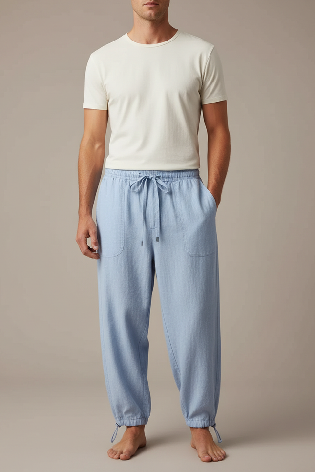 Pantalon Parachute Bleu Ciel Lin Ample Décontracté Homme
