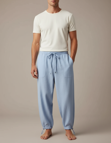 Pantalon Parachute Bleu Ciel Lin Ample Décontracté Homme