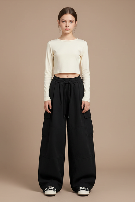 Pantalon Parachute Noir Ample Cargo Urbain Décontracté - Molleton