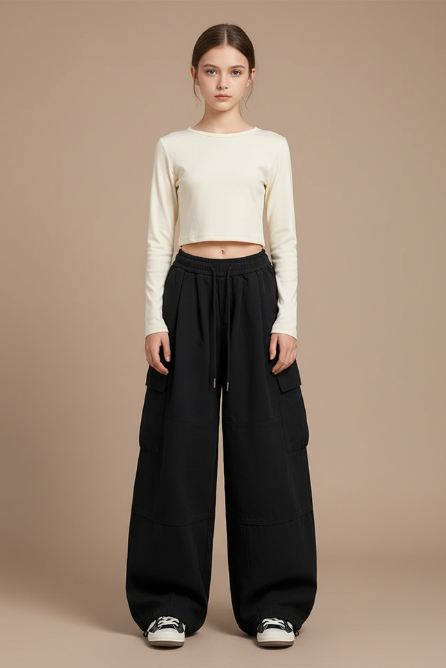 Pantalon Parachute Noir Ample Cargo Urbain Décontracté - Molleton