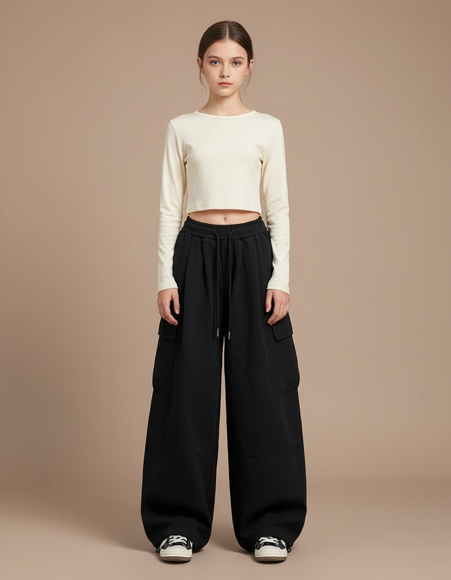 Pantalon Parachute Noir Ample Cargo Urbain Décontracté - Molleton