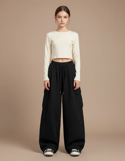 Pantalon Parachute Noir Ample Cargo Urbain Décontracté - Molleton