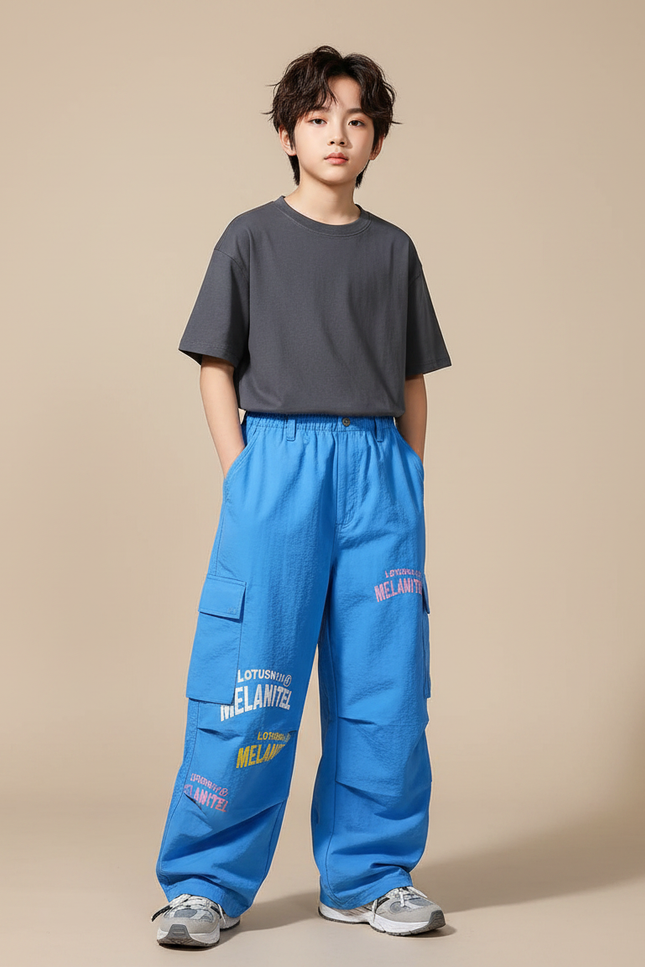 Pantalon Parachute Bleu Cargo Ample Imprimé Enfant - Polyester
