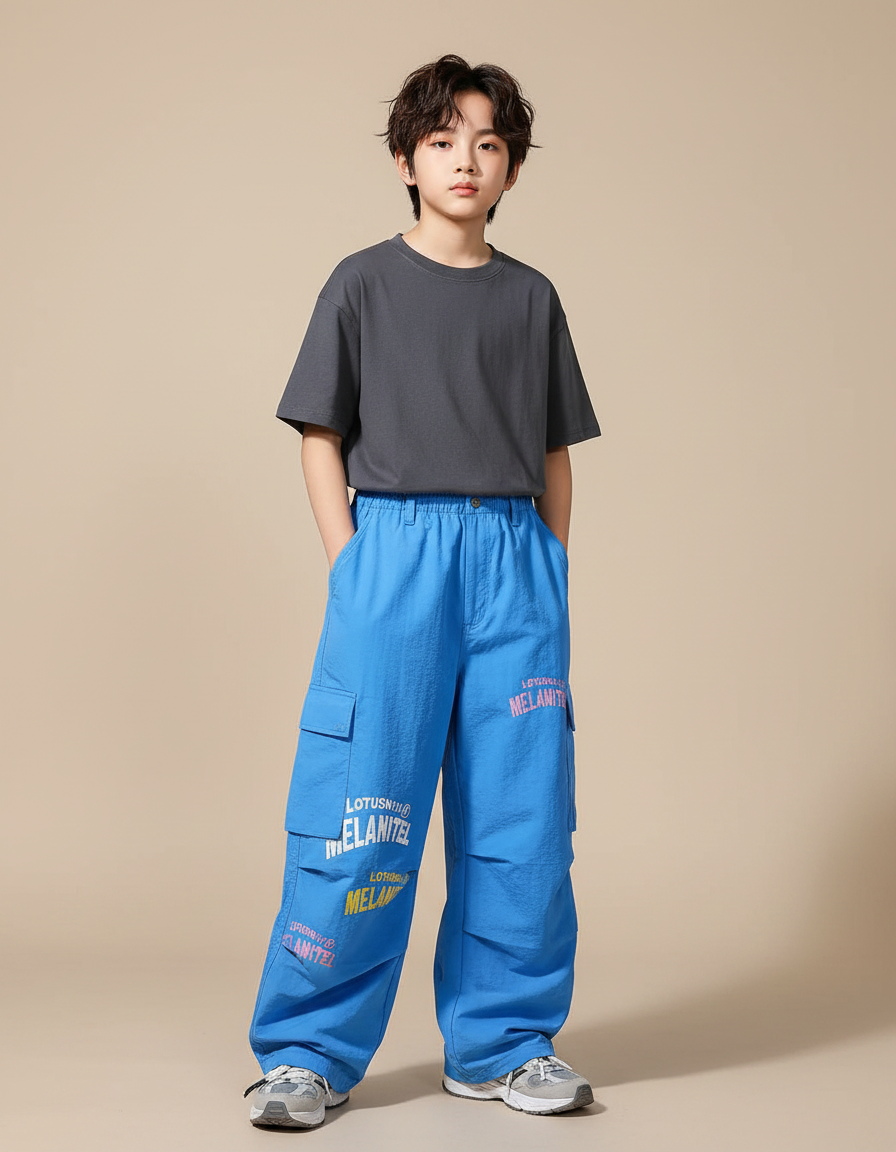Pantalon Parachute Bleu Cargo Ample Imprimé Enfant - Polyester