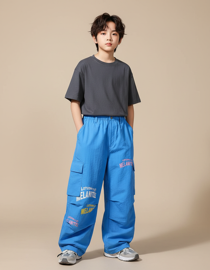 Pantalon Parachute Bleu Cargo Ample Imprimé Enfant - Polyester