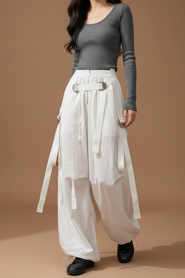 Pantalon Parachute Blanc Cargo Ample Streetwear Femme - Coton
