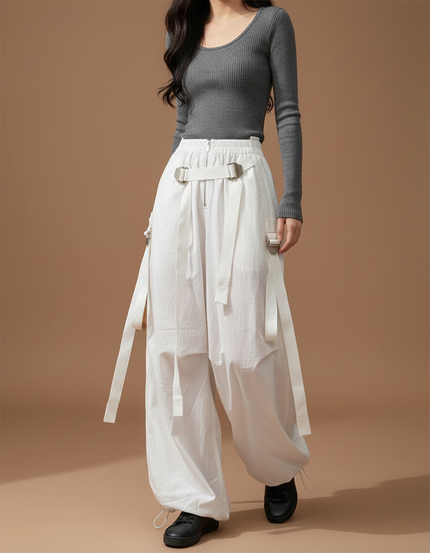 Pantalon Parachute Blanc Cargo Ample Streetwear Femme - Coton