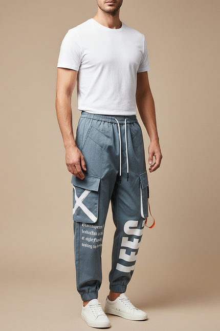 Pantalon Parachute Gris Imprimé Cargo Cordon Homme - Toile