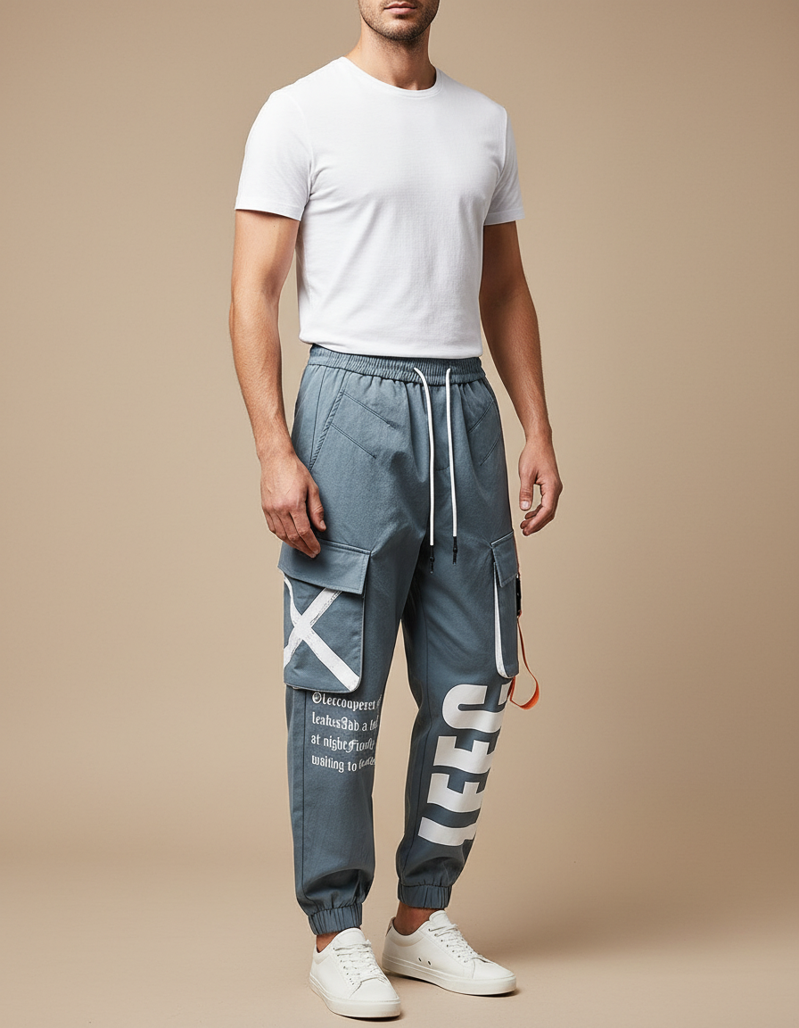 Pantalon Parachute Gris Imprimé Cargo Cordon Homme - Toile