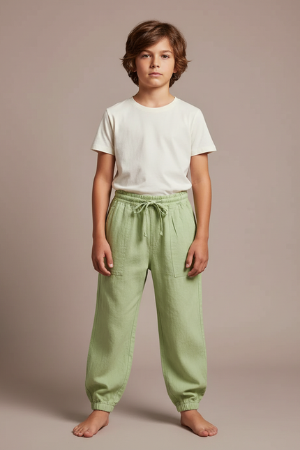 Pantalon Parachute Vert Lin Ample Enfant Décontracté Confortable