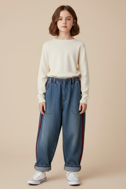 Pantalon Parachute Denim Ample Rouge Fille - Bleu Jean