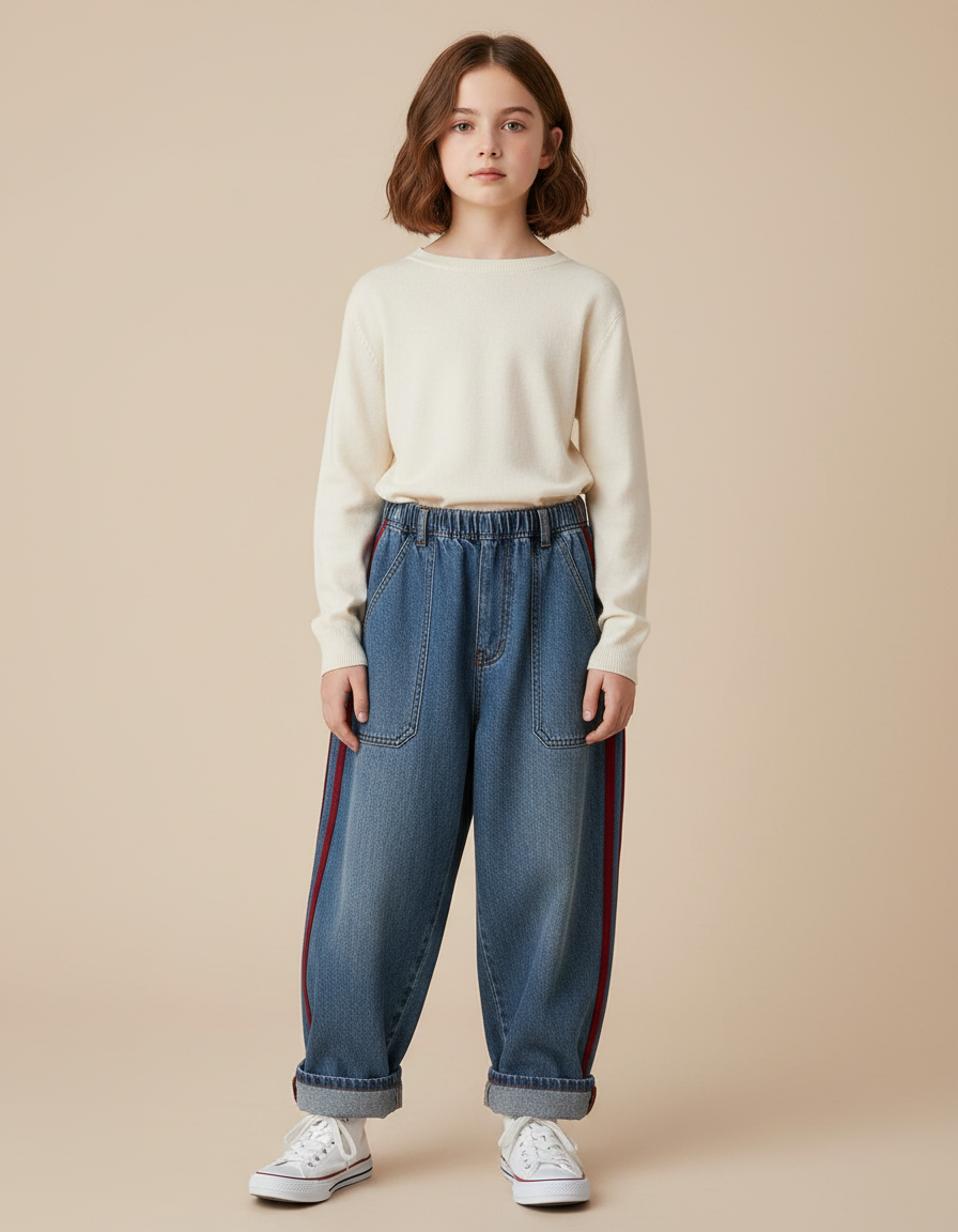 Pantalon Parachute Denim Ample Rouge Fille - Bleu Jean