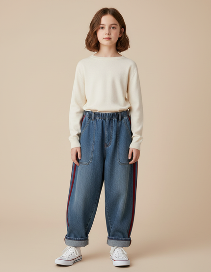 Pantalon Parachute Denim Ample Rouge Fille - Bleu Jean