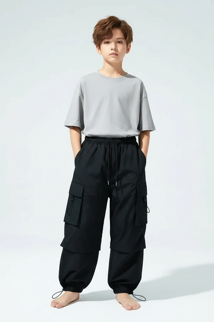 Pantalon Parachute Noir Cargo Ample Enfant Streetwear - Polyester